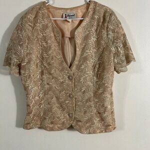 Aspeed Design Lace Evening Top Womens Large Gold Rose Floral Pearl Button V-Neck